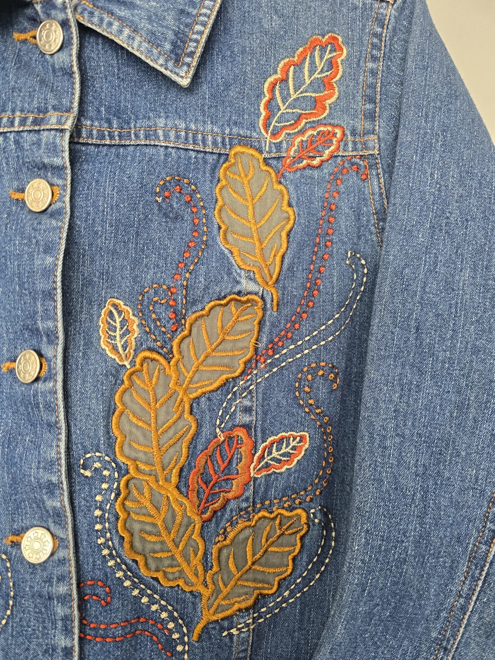 Embroidered Blue Denim Jacket with Fall Leaf Motif - Picture 9 of 17